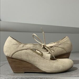 Call It Spring Beige Lace-Up Wedge Pumps